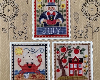 WAXING MOON DESIGNS "Monthly Trios:  July, August, September" Counted Cross Stitch Pattern~Uncle Sam~Crab~Schoolhouse~Monthly Embroidery