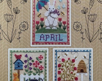 WAXING MOON DESIGNS "Monthly Trios:  April, May, June" Counted Cross Stitch Pattern