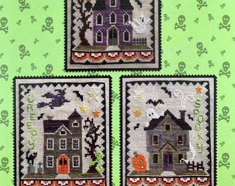WAXING MOON DESIGNS "Haunted House Trio" Counted Cross Stitch Pattern~Haunted House Embroidery~Haunted House Cross Stitch~Bats~Ghosts