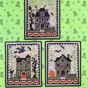 WAXING MOON DESIGNS &quot;Haunted House Trio&quot; Counted Cross Stitch Pattern~Haunted House Embroidery~Haunted House Cross Stitch~Bats~Ghosts