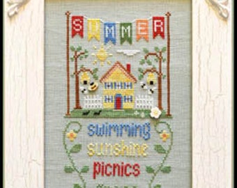 COUNTRY COTTAGE NEEDLEWORKS "Seasonal Celebrations - Summer with Buttons" Counted Cross Stitch Pattern~Summer Sampler~Summer House Pattern