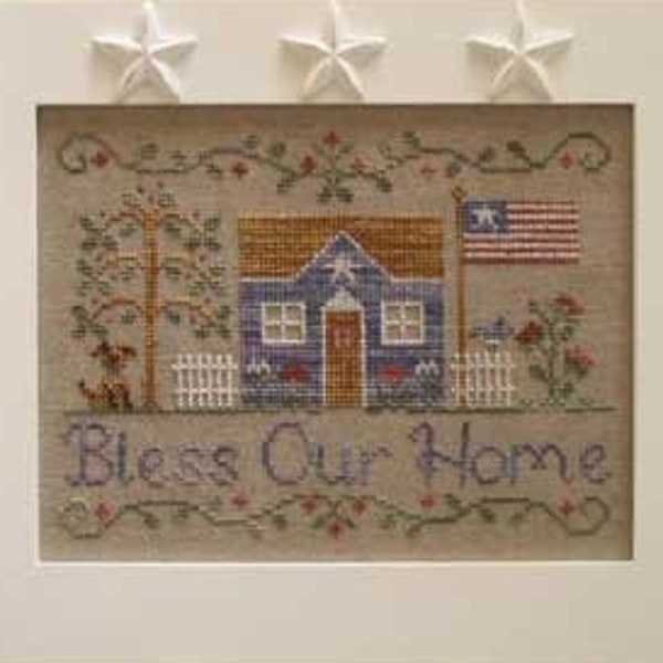 COUNTRY COTTAGE NEEDLEWORKS "Bless Our Home" Counted Cross Stitch Pattern~Cottage Cross Stitch Pattern~American Flag~Picket Fence Pattern