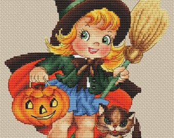 Les PETITES CROIX de LUCIE "En Route Pour Halloween" Counted Cross Stitch Pattern~On the Way to Halloween~Vintage Halloween Cross Stitch