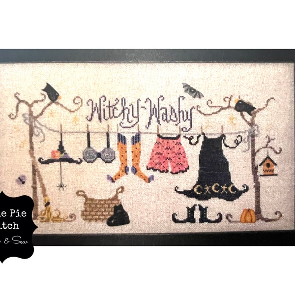 RAISE the ROOF DESIGNS "Witchy Washy" Counted Cross Stitch Pattern With Buttons Included~Witch Cross Stitch Pattern~Witch Clothesline