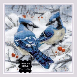 RIOLIS &quot;Blue Jays&quot; Counted Cross Stitch Kit~Complete Cross Stitch Kit~Blue Jays in Snow Cross Stitch Kit~Winter Birds Cross Stitch~Blue Jays