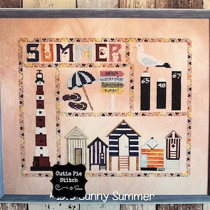 CLEARANCE THISTLES &quot;Sunny Summer&quot; Counted Cross Stitch Pattern~Beach Scene Embroidery~Lighthouse~Beach Cabana~Seagull~Flip Flops