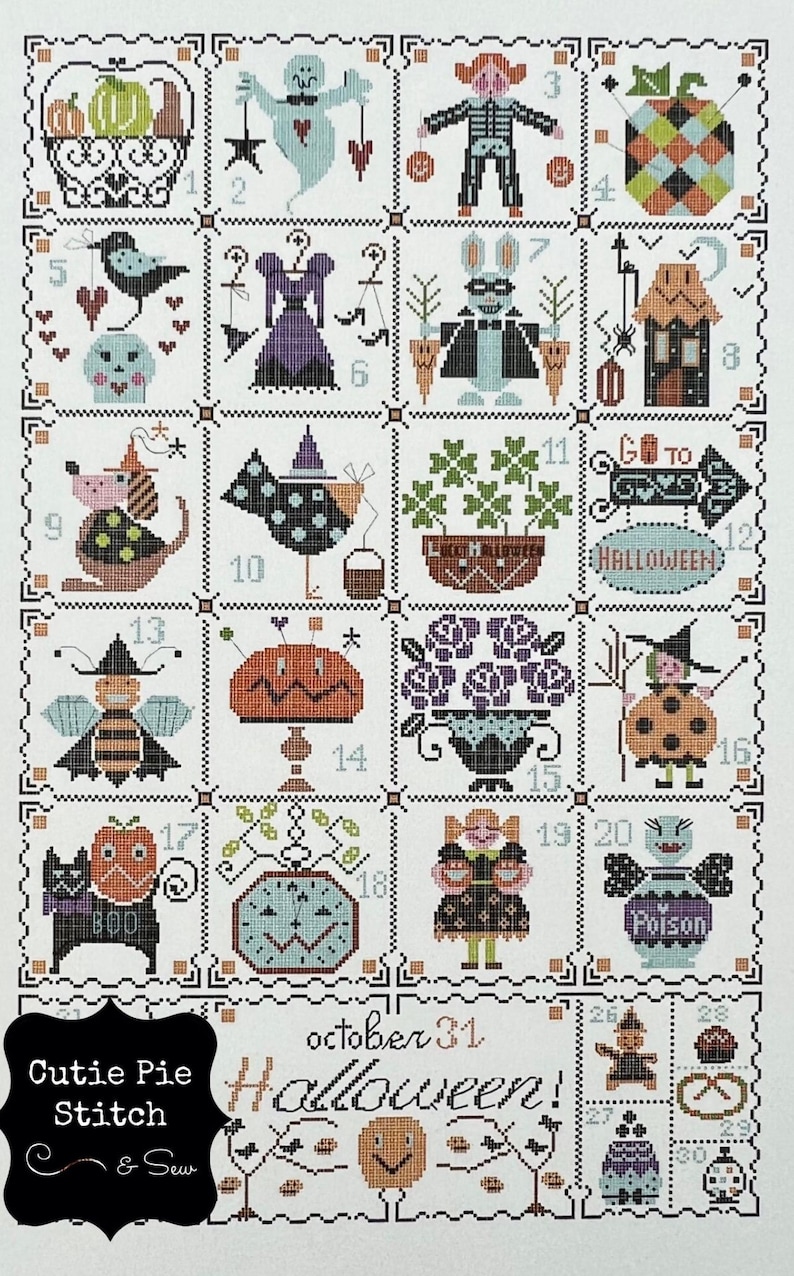 CUORE e BATTICUORE "Shabby Halloween Calendar" Counted Cross Stitch Pattern~Italian Cross Stitch Pattern~Halloween Candy~Trick or Treaters zdjęcie 1