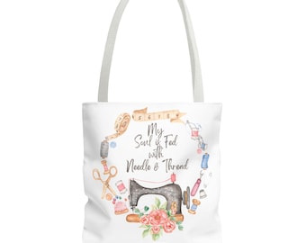 Bolsa tote "Minha alma é alimentada com agulha e linha", presente para bordadeiras, costureiras, bolsa para projetos de colchas, presente para mães, bolsa para livros, presente para o dia das mães