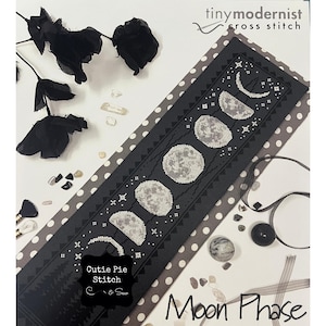 TINY MODERNIST &quot;Moon Phase Bell Pull&quot; Counted Cross Stitch Pattern~Astronomy Cross Stitch~Modern Cross Stitch~Moon Phase Embroidery Pattern
