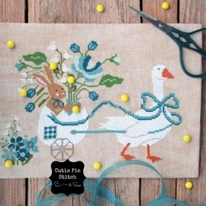 CLEARANCE MADAME CHANTILLY &quot;Blue Flowers&quot; Counted Cross Stitch Pattern~Easter Cross Stitch~Spring Cross Stitch~Duck Embroidery