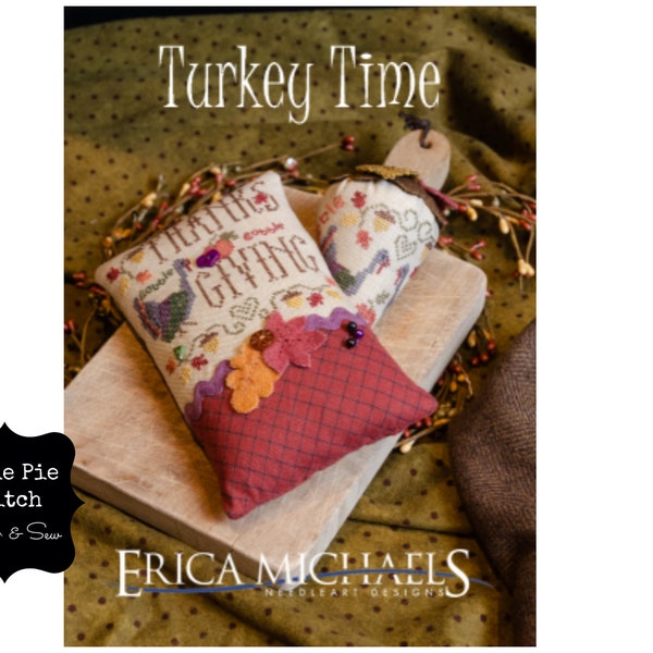 ERICA MICHAELS "Turkey Time" Counted Cross Stitch Pattern With Button Embellishments~Thanksgiving Pillow & Berry with Buttons Cross Stitch