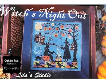 LILA'S STUDIO "Witch's Night Out" Counted Cross Stitch Pattern~Halloween Cross Stitch~Witch Silhouette Cross Stitch Design~Jack O Lanterns