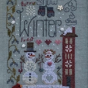 SHEPHERD&#39;S BUSH &quot;Winter Notes with Buttons&quot; Counted Cross Stitch Pattern with Handmade Buttons~Winter Embroidery~Snowman & Snowlady Sampler