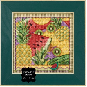 May include: A framed cross-stitch design featuring a colorful assortment of fruits, including watermelon, pineapple, and kiwi. The design is titled "Cutie Pie Stitch" and includes the signature "C & Sew".
