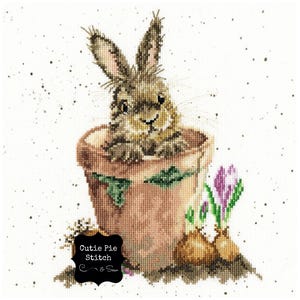 Kit de punto de cruz BOTHY THREADS &quot;La Maceta&quot; Kit completo de punto de cruz contado Kit de bordado de punto de cruz de conejo con hilo y tela