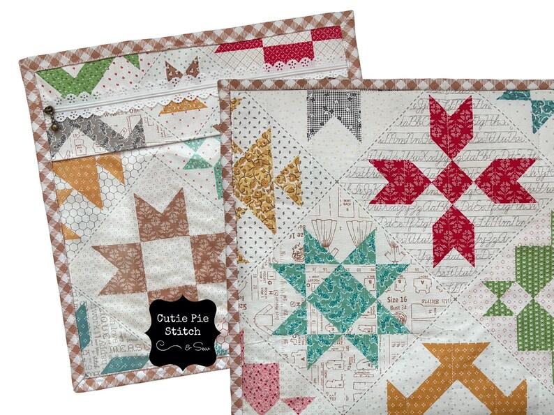 May include: Two quilted fabric pouches with star and geometric patterns in shades of brown, green, yellow, and red. One pouch has a zipper and a brown gingham border. The other has a handwritten script background.
