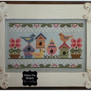 COUNTRY COTTAGE NEEDLEWORKS &quot;Spring Birds&quot; Counted Cross Stitch Pattern~Spring Bird~Birdhouse Cross Stitch~Floral Cross Stitch~Birds