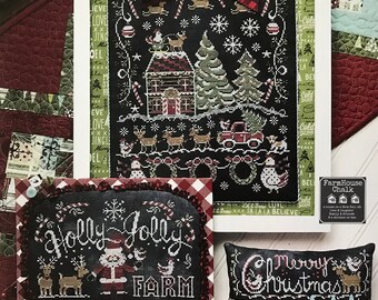 May include: A set of three cross-stitch embroidery patterns featuring a farmhouse theme with a chalkboard background. The patterns include a farmhouse with a Christmas tree, a snowman with the text "Holly Jolly Farm", and a Christmas tree with the text "Merry Christmas".