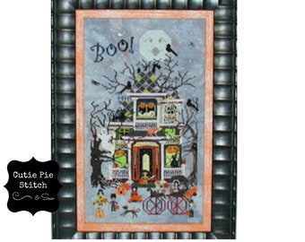 PRAISEWORTHY STITCHES "Blue Moon Manor" Counted Cross Stitch Pattern~Halloween Cross Stitch~Haunted House Cross Stitch~Haunted Mansion