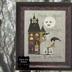 May include: Framed cross-stitch art featuring a spooky house with a full moon and the text "Once Upon a Midnight Dreamy...E.A. Poe." The house has colorful stained-glass windows and a dark roof. A raven is perched on a lamppost.