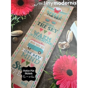 TINY MODERNIST &quot;Summer Bell Pull&quot; Counted Cross Stitch Pattern by Tiny Modernist~Summer Sampler~Flamingo~Palm Tree~Surf Van~Watermelon~Crab