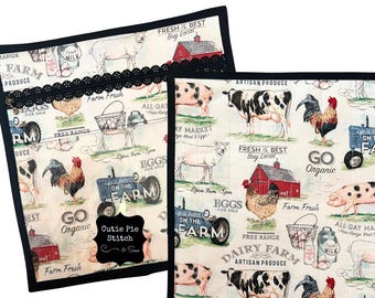 Handmade Farm Scene Quilted Fabric Project Bag with Vinyl Window and Decorative Zipper