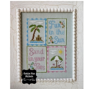 COUNTRY COTTAGE NEEDLEWORKS &quot;Fun in the Sun&quot; Counted Cross Stitch Pattern~Seashore~Beach~Sandcastle~Sand in Your Toes~Palm Tree Embroidery