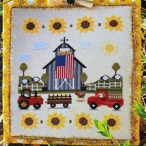 CLEARANCE PICKLE BARREL  &quot;Old Glory&quot; Counted Cross Stitch Pattern~Sunflowers~Barn~Flag~Red Truck~Tractor~Farm~Chicken Embroidery Pattern