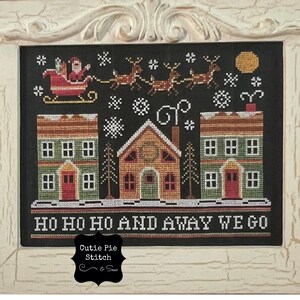 Patrón de punto de cruz "Away We Go" de COUNTRY COTTAGE NEEDLEWORKS ~ Punto de cruz de reno ~ Patrón de punto de cruz de Nochebuena de Papá Noel