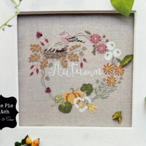 MADAME CHANTILLY &quot;Autumn Garland&quot; Counted Cross Stitch Pattern~Autumn Wreath~Autumn Bird Nest~Fall Floral Wreath Cross Stitch Pattern