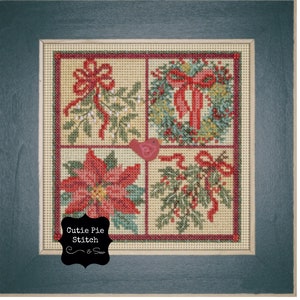 May include: A framed cross-stitch design featuring four holiday-themed squares. The top left square shows a red bow with green holly and white berries. The top right square shows a red bow with a green wreath and red berries. The bottom left square shows a red poinsettia flower. The bottom right square shows a red bow with green holly and white berries. The design is titled "Cutie Pie Stitch & Sew".