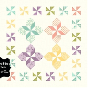 Peut inclure: Un motif de bloc de courtepointe avec un design de patchwork de moulins à vent colorés. Les moulins à vent sont faits de différents tissus avec des motifs floraux, géométriques et à carreaux. Le texte "Cutie Pie Stitch & Sew" est dans le coin inférieur gauche.