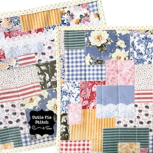 May include: Two patchwork fabric squares with floral, striped, and gingham patterns. The squares are bordered with a dotted fabric. One square has a label that reads "Cutie Pie Stitch & Sew."