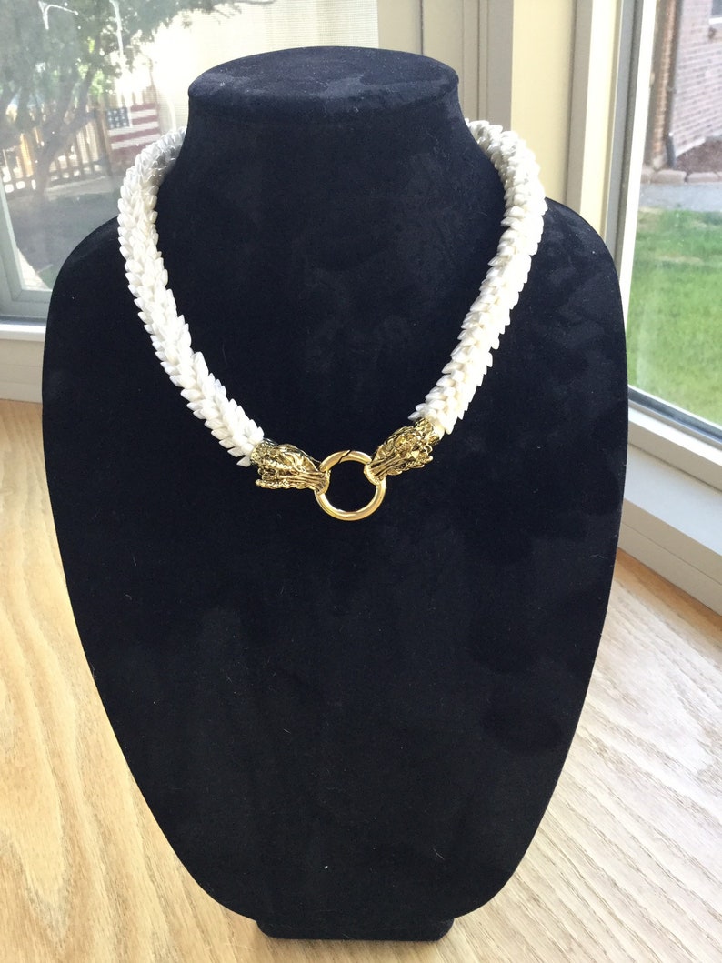 Pearl Ivory White Dragon Scale Necklace with Gold Toned Dragons Head Clasp