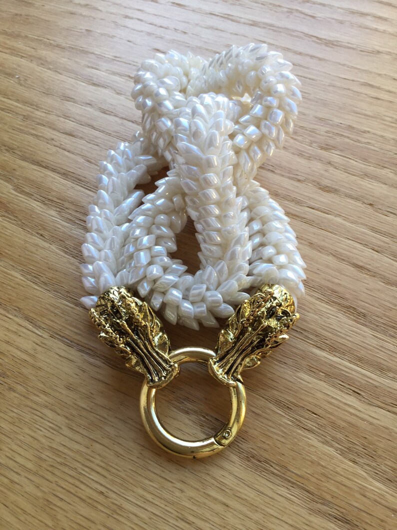 Pearl Ivory White Dragon Scale Necklace with Gold Toned Dragons Head Clasp