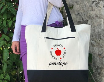 Teacher Gifts, Custom Canvas Tote Bags, Personalized Teacher Bag and Totes with Pockets, Custom Design Gift, School Bag, Best Teacher Ever