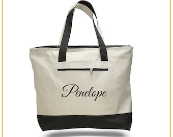 Custom Canvas Tote Bags with Name, Personalized Bag with Pocket, Cute Totes with Top Zipper, Wedding Bride Bridesmaid Gift for Women