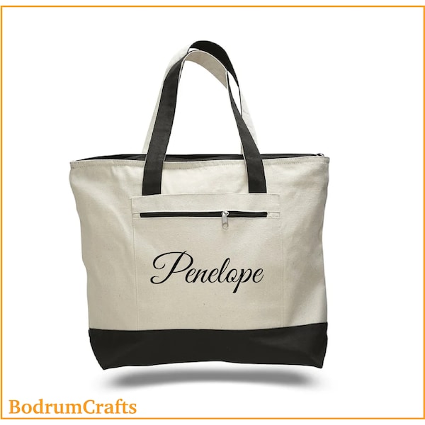 Custom Canvas Tote Bags with Name, Personalized Bag with Pocket, Cute Totes with Top Zipper, Wedding Bride Bridesmaid Gift for Women