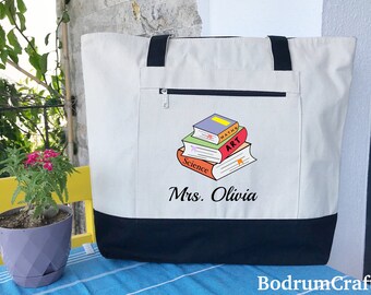 Teacher Gifts, Custom Canvas Tote Bags, Personalized Teacher Bag and Totes with Pockets, Rainbow Design Gift, School Bag, Best Teacher Ever