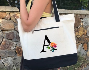 Rose Design Tote Bags Personalized, Customize Initials Gift Bags, Custom Monogrammed Canvas Tote Bags for Women, Christmas Gifts for Her