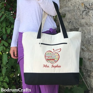 Teacher Canvas Tote Bags, Personalized Custom Teacher Totes, Teacher Gift, Book Bag, Best Teacher Ever