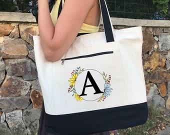 Flowers Design Gift Bags Personalized, Custom Canvas Tote Bags for Women, Christmas Gifts for Her, Cute Tote Bags, Initial Monogram Design