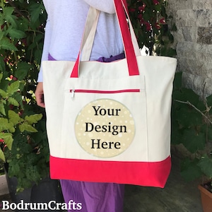 Custom Canvas Tote Bags with Logo, Personalized Monogrammed Bag with Pocket, Cute Totes with Zipper, Wedding Bride Bridesmaid Gift for Women