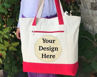 Custom Canvas Tote Bags with Logo, Personalized Monogrammed Bag with Pocket, Cute Totes with Zipper, Wedding Bride Bridesmaid Gift for Women