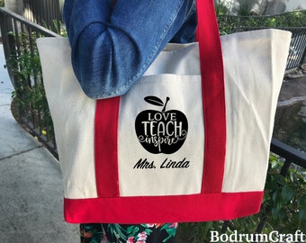 Personalized Teacher Canvas Tote Bags, Custom Name Canvas Tote Bag, Custom Print Teacher Appreciation Gifts, Bags and Totes with Pockets