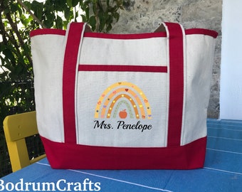 Personalized Teacher Canvas Tote Bag, Rainbow Design