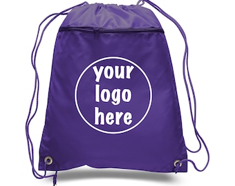 Custom Drawstring Backpacks with Logo, Personalized Polyester Backpacks with Front Zipper Pocket, Cinch Bags, One Color Logo Print