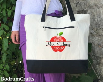 Teacher Gifts, Canvas Tote Bags Personalized, Apple Design Custom Teacher Totes, Christmas Gifts, Teach Love Inspire, Printed Bag and Tote
