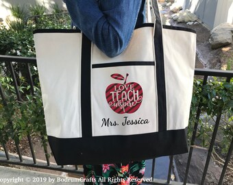 Teacher Canvas Tote Bags, Personalized Custom Teacher Totes, Apple Teacher Gift, Book Bag, Best Teacher Ever