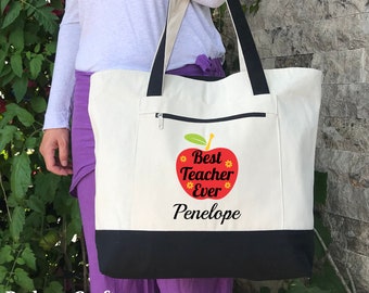 Teacher Canvas Tote Bags, Personalized Custom Teacher Totes, Teacher Gift, Book Bag, Best Teacher Ever